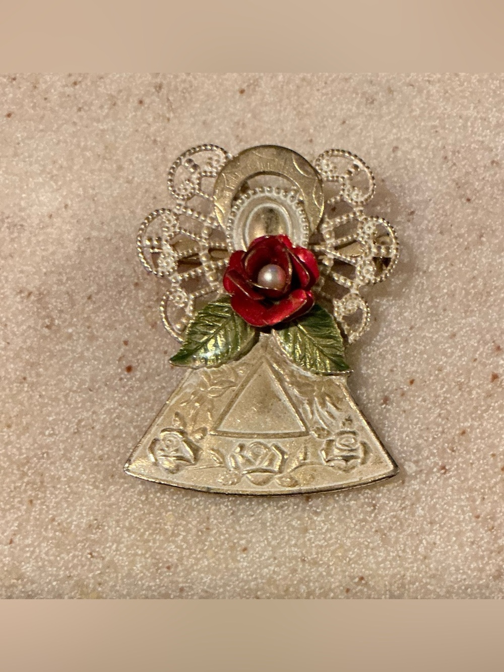 Kenneth Cole Gold -Tone Angel Brooch with Red Rose and Green Leaves